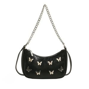 Black Shoulder Bag with Silver Butterflies